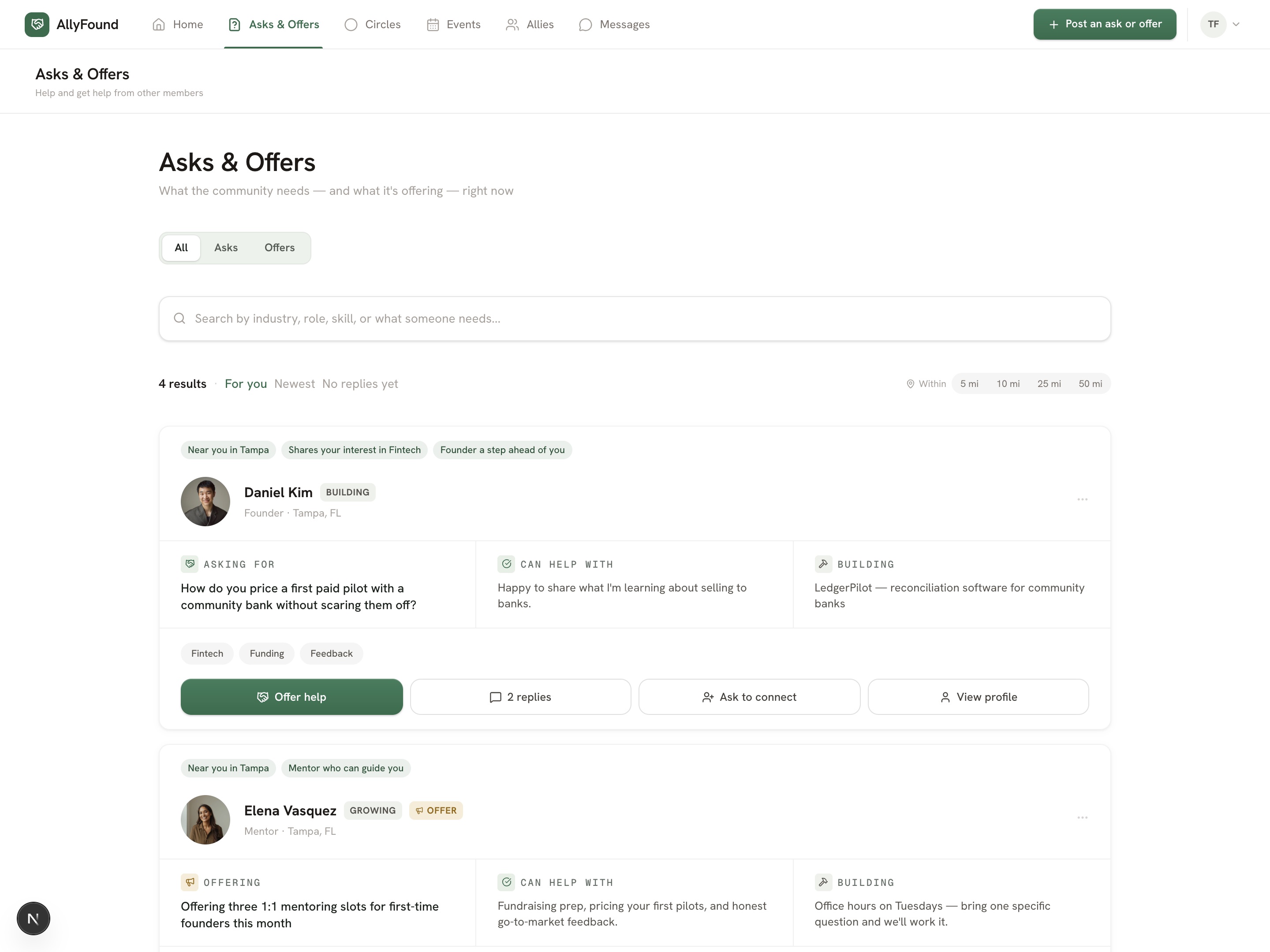 The Asks & Offers board inside AllyFound — members' asks and offers, with reply threads